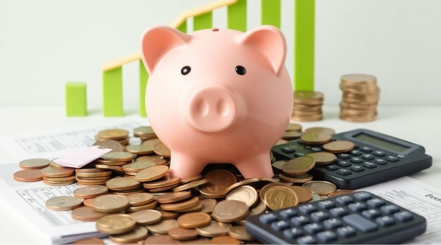 showing the growth of retirement savings over time with compound interest, featuring a piggy bank, coins, and financial planning tools like a calculator and documents.