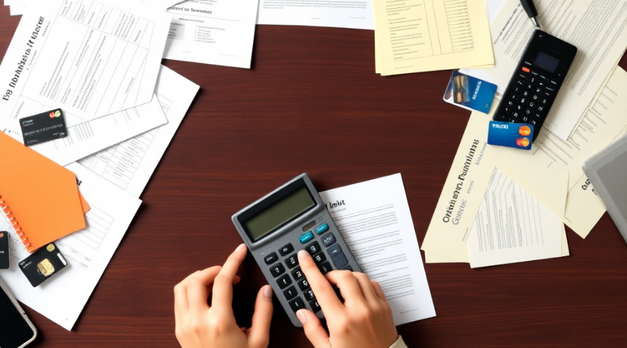 Debt repayment strategies comparison: a person organizing finances with debt-related documents, calculator, and credit cards, showing methods like debt avalanche vs. debt snowball.