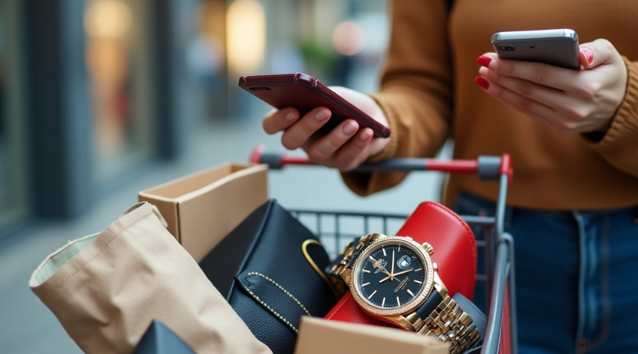 Image of a person shopping with luxury items and using a smartphone with a budgeting app, illustrating the impact of lifestyle inflation on personal finances and budgeting.