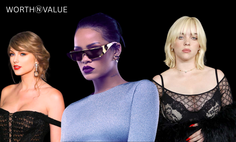 A dynamic collage featuring three of the highest-paid musicians in 2025, representing their global success in the music industry.