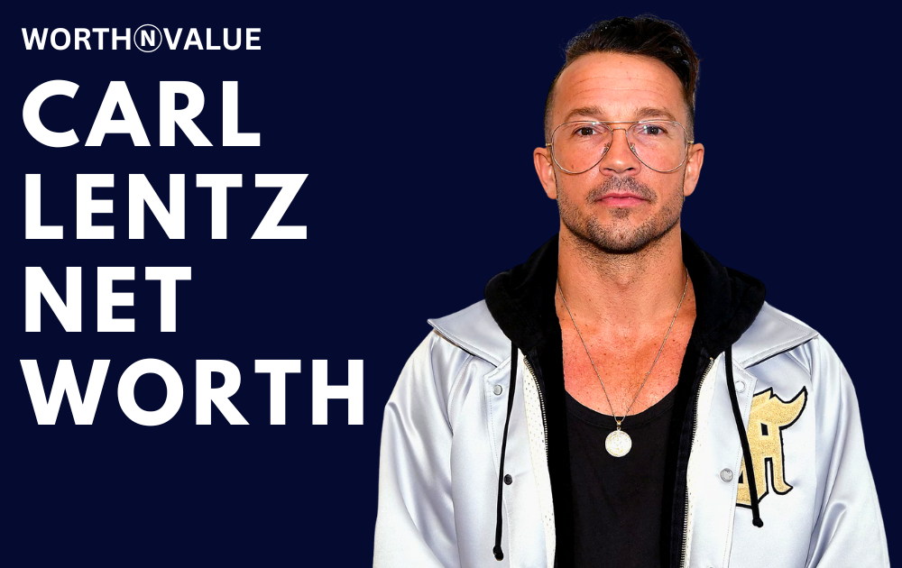 Carl Lentz discussing his financial journey on a podcast, with digital elements representing his $9 million net worth in 2025.